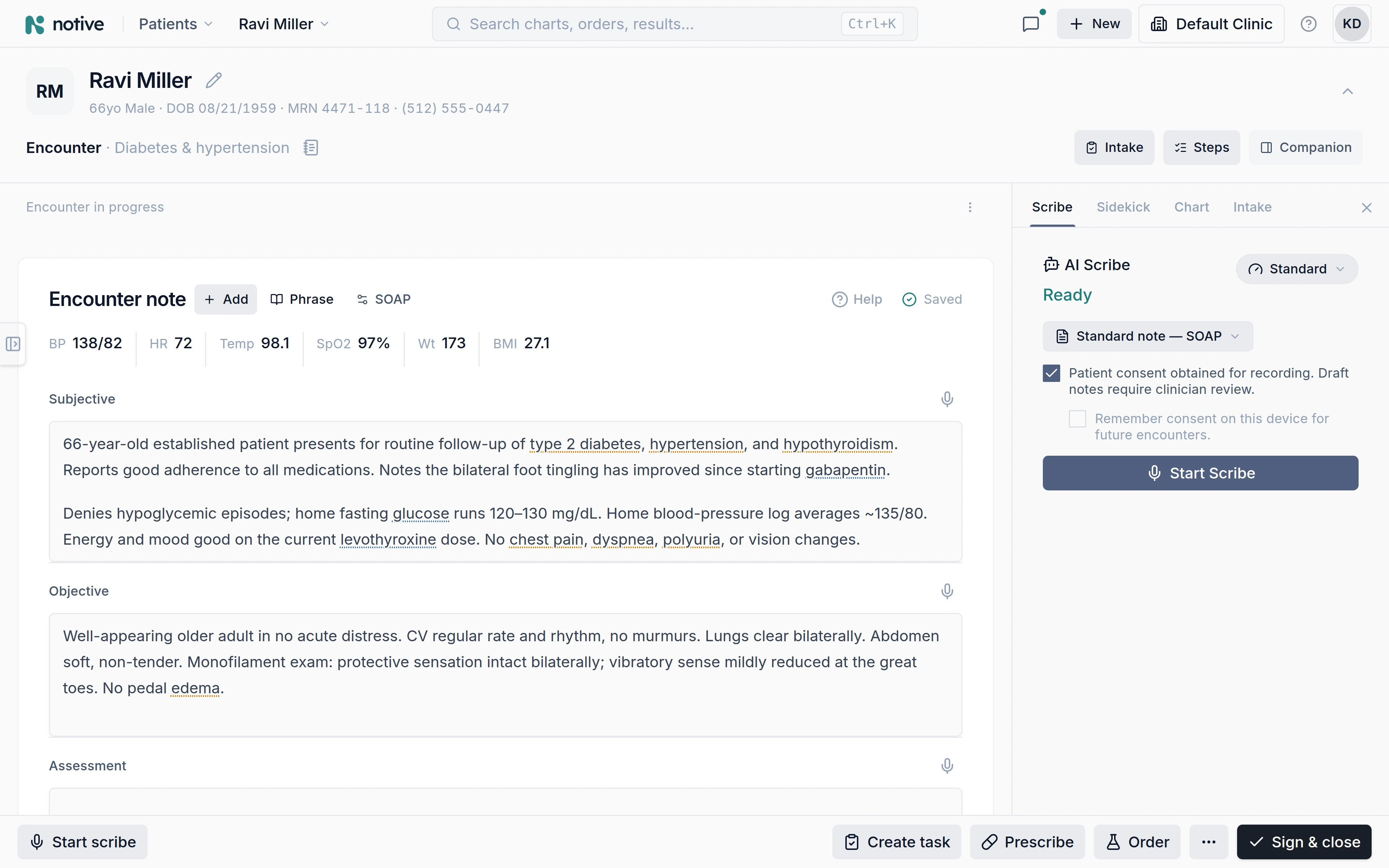 The Notive encounter workspace with the Scribe panel open: consent confirmed, a standard SOAP note selected, and the subjective and objective sections already drafted from the visit.