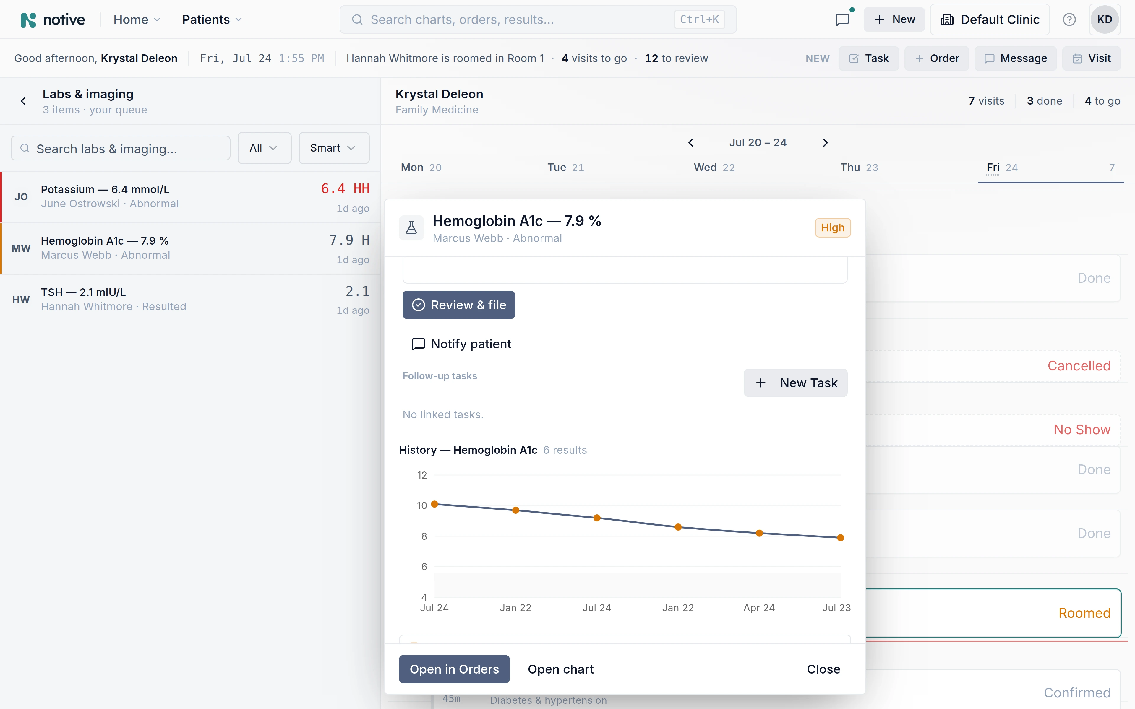 A high A1c opened from the Notive result queue: the value flagged, six prior results trended beneath it, and review-and-file, notify-patient and follow-up-task actions in reach.